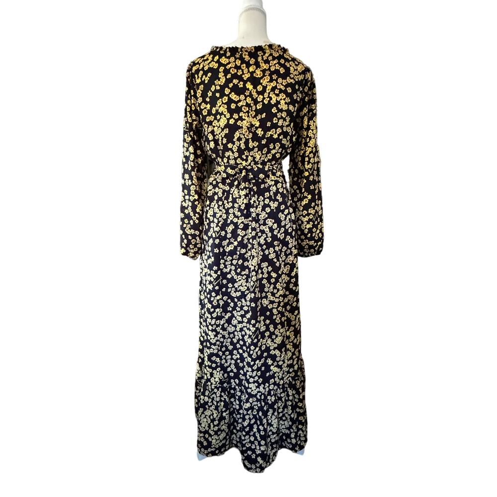 Black Maxi Flowy Dress Yellow Flowers Elastic Waist Tie Back Bow Ruffle Neck M